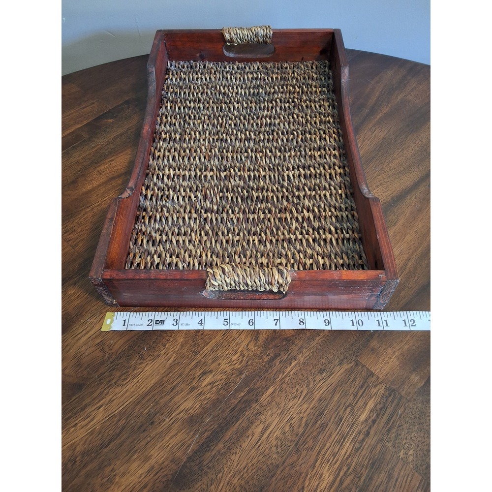 Rustic Wood and Woven Seagrass Serving Tray with Handles Brown Rectangle 17.5in - Picture 3 of 7